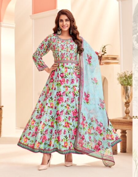 FULL GOWN - LIGHT BLUE FLORAL SILK