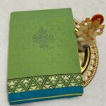 LIGHT GREEN -  PURE CHANDERI COTTON SAREE WITH BLOUSE AND APPLIQUE WORK