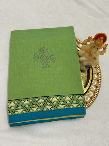 LIGHT GREEN -  PURE CHANDERI COTTON SAREE WITH BLOUSE AND APPLIQUE WORK