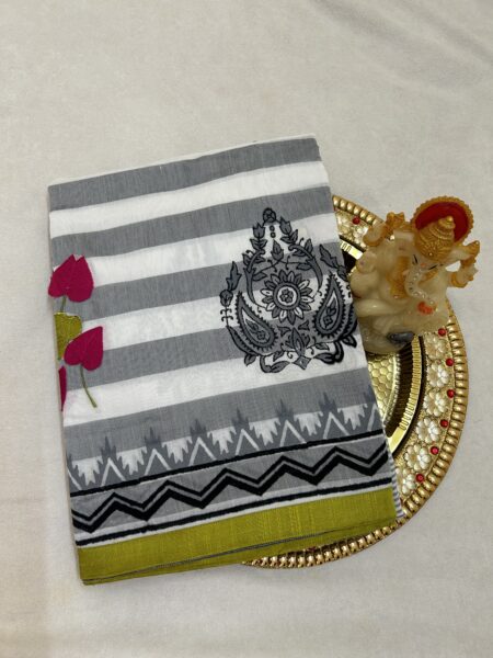 WHITE PURE  CHANDERI COTTON  SAREE -  WITH BLOUSE AND APPLIQUE WORK