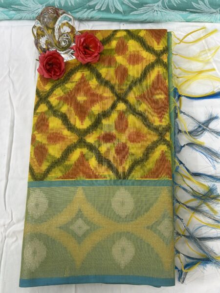 IKKAT POCHAMPALLI SAREE WITH BLOUSE - YELLOW COLOUR