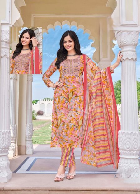 MALAYSIAN COTTON FULL SUIT - LIGHT ORANGISH AND PINK