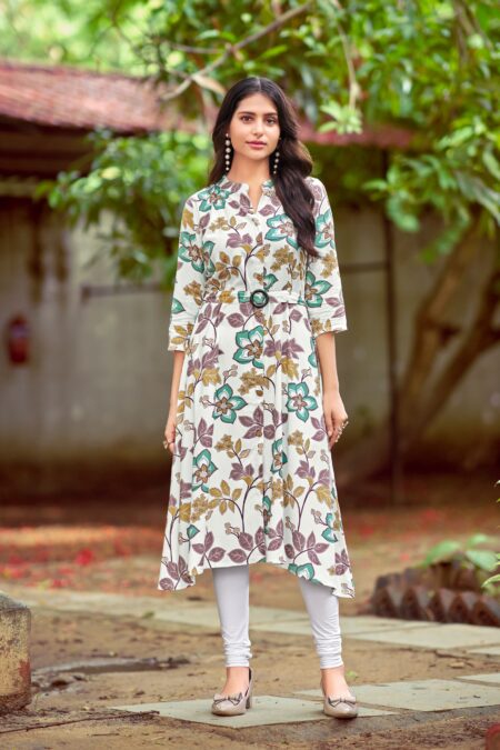 WHITE FLORAL LEAFY PRINTED-  KURTI WITH BELT