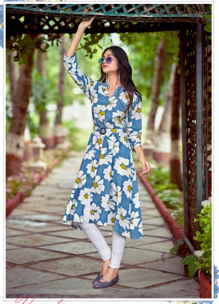 BLUE FLORAL PRINTED  -  KURTHI WITH BELT