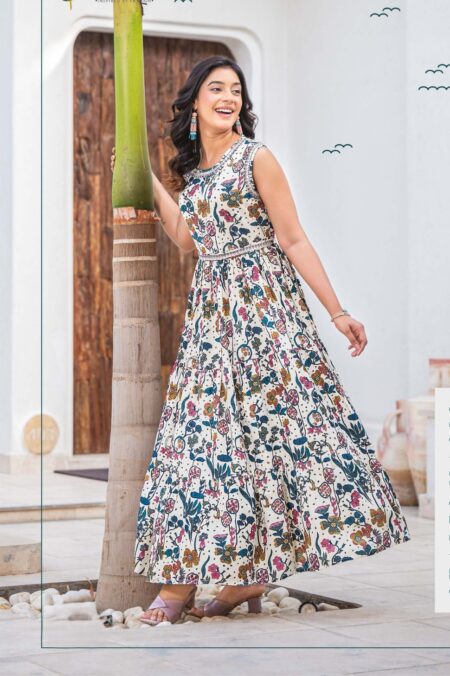 WHITE GOWN WITH MULTI COLOUR MOTIFF