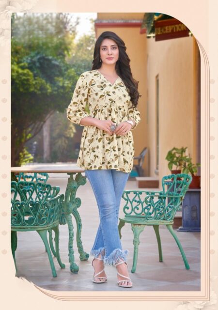 CREAM WITH GREEN PRINTED SHORT TOPS