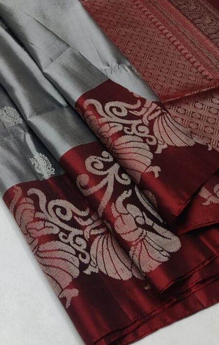 PURE SOFT SILK SAREE - SILVER COLOUR BORDER MAROON