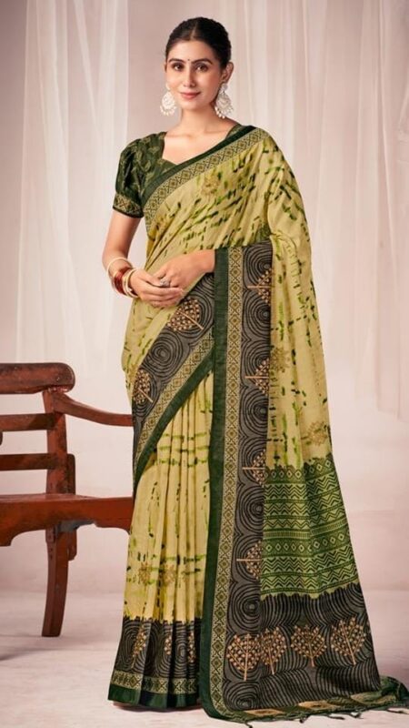TUSSAR WITH CHANDERI SILK - CREAM - LIGHT GREEN