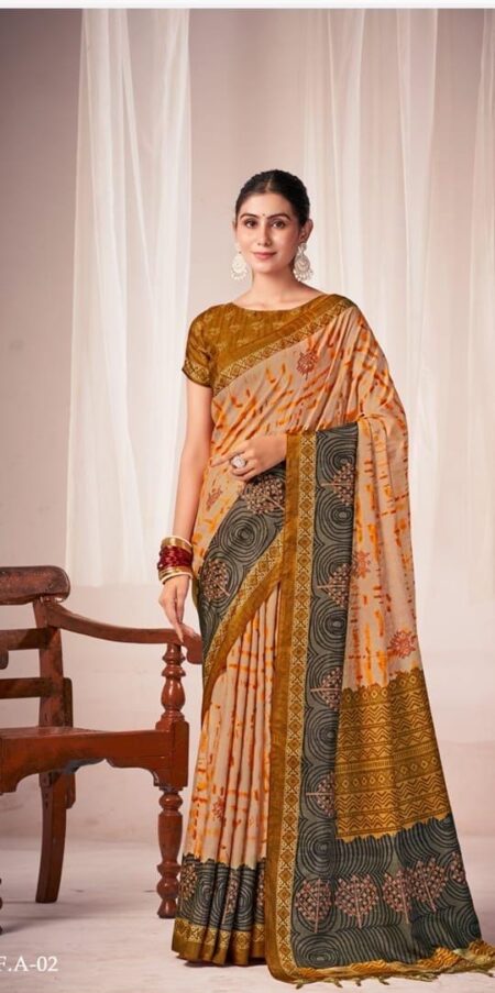TUSSAR WITH CHANDERI  SILK - CREAM-  MUSTARD