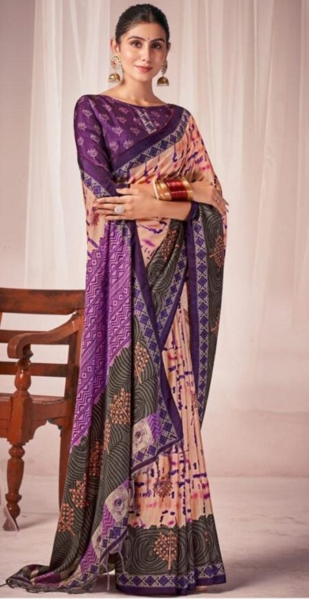 TUSSAR WITH CHANDERI  SILK - CREAM - VIOLET 2