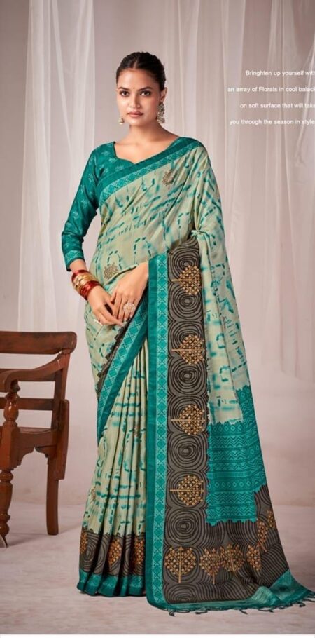 TUSSAR WITH CHANDERI - CREAM - GREEN