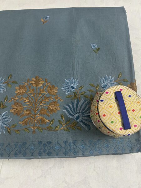 JASMINE EMBRODERY COTTON SAREE- BLUEISH ASH